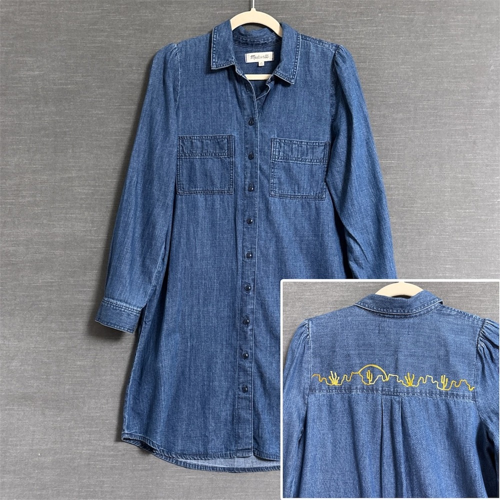 Madewell Shirt Dress XS‎ Blue Chambray Embroidered Western Southwestern Cowgirl